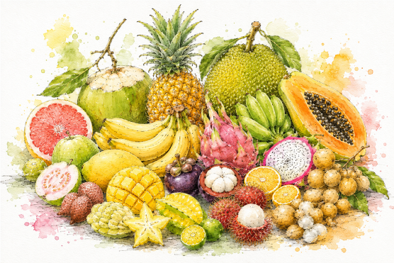 Watercolor spread of tropical fruits and whole food ingredients