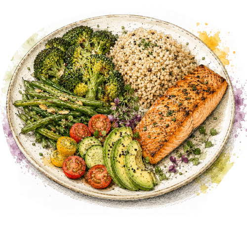 Balanced meal plate with salmon and vegetables