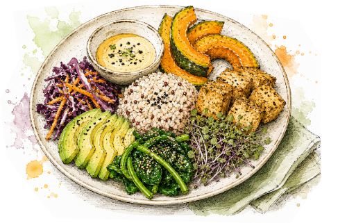 Whole food grain bowl with vegetables
