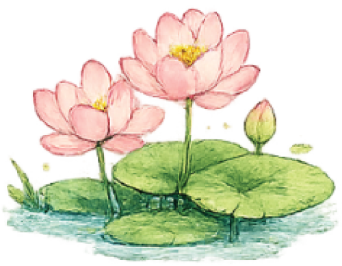 Watercolor lotus flowers and lily pads